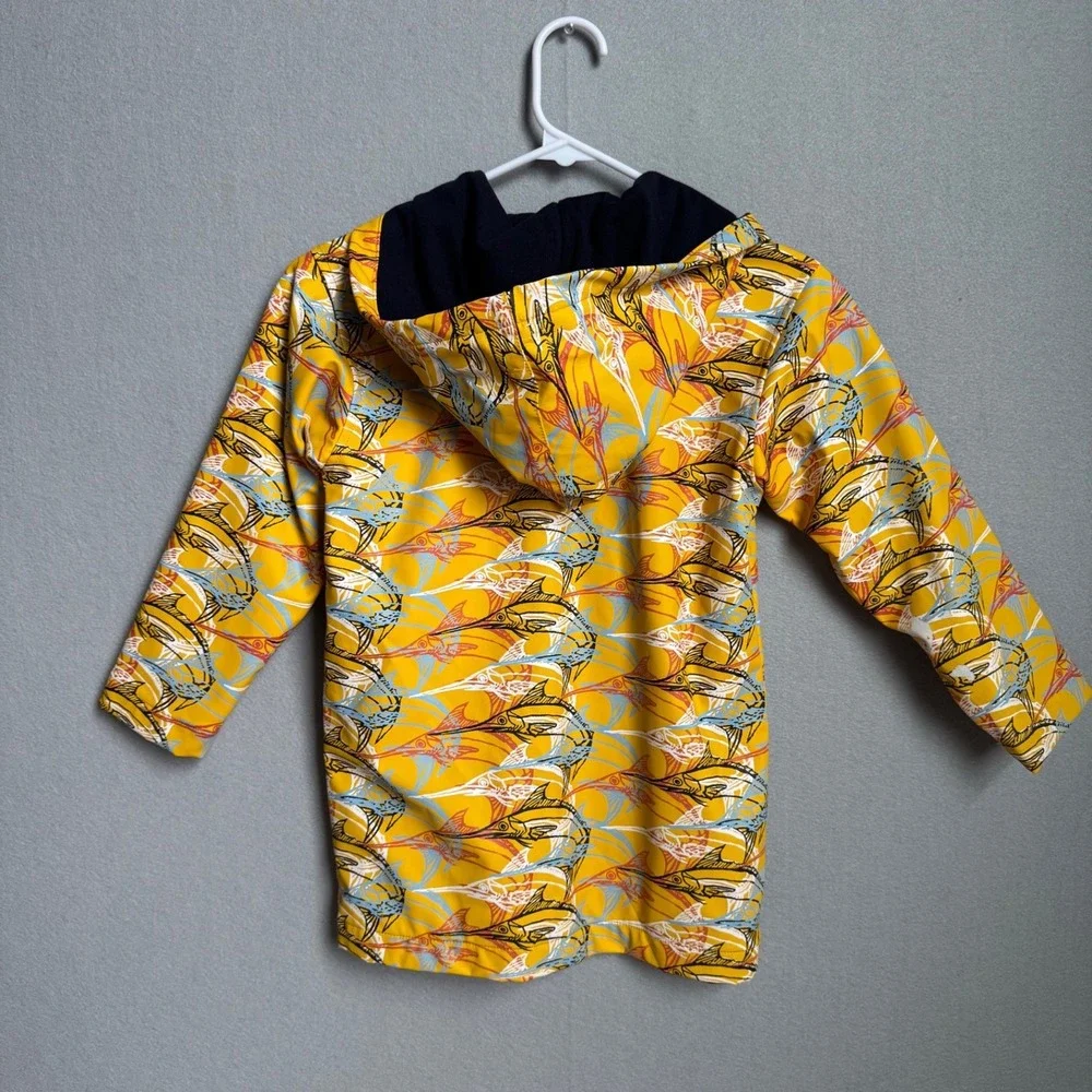 Hartstrings Raincoat Kids Size 4 Yellow Marlin Fish Print Hooded Jacket Snap Up